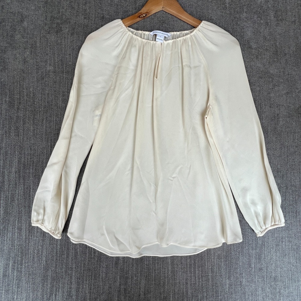 Diane von Furstenberg Peasant Top Womens S Ivory Boho Quiet Luxury Keyhole Neck
